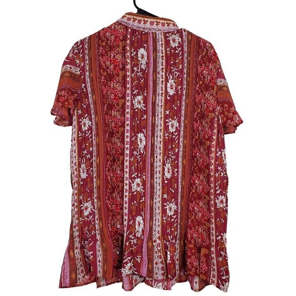 Only Necessities Womens 1X Red Orange Floral Pleated Accordion Tunic Top EUC - Picture 2 of 9